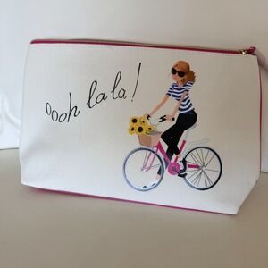 Pouch Cosmetic Bag PARIS THEME Wristlet Strap Lancôme Summer Bike Hot Pink